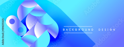 Abstract blue shapes overlap, creating dynamic gradient effect. Modern design elements suggest technology, innovation. Background includes text labels.