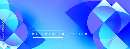 Abstract blue design features overlapping circles, squares, gradients. Modern aesthetic suitable for backgrounds, banners, presentations.