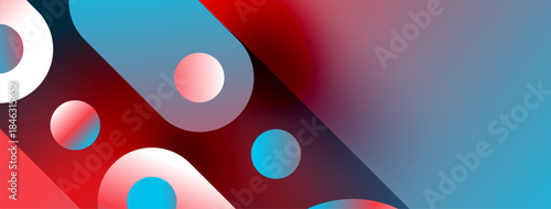 Abstract shapes, vibrant colors blend. Red, blue hues dominate composition. Circles, curves create dynamic visual effect. Modern design.