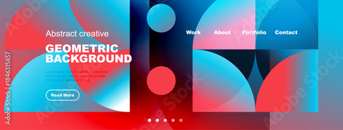Abstract geometric background design. Vibrant colors, gradients, shapes create modern visual experience. Navigation menu present.