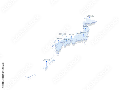 Perspective 3D Japan map. Stylized vector map illustration with cities, borders, capital, administrative divisions and pointer marks.