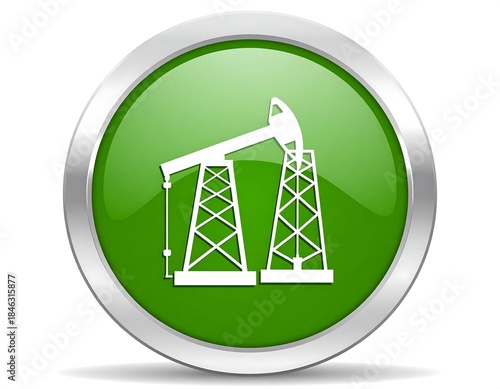 Glossy green circle icon with white oil rig graphic inside a silver border