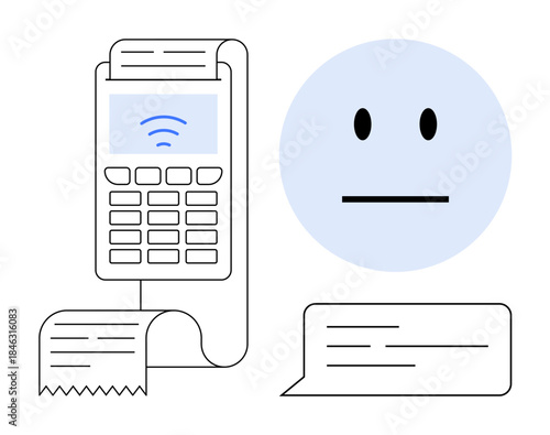 Digital payments, retail, financial management, technology, emotions, payment methods. ion of a payment terminal with receipt and neutral face. Digital payments and retail concepts