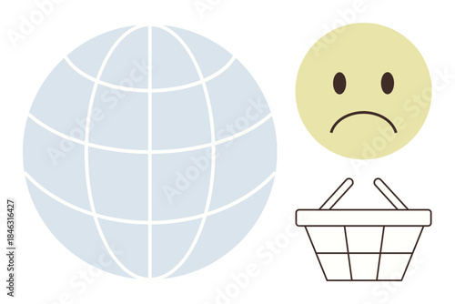 Globe symbolizing the world, sad face indicating concern, and empty shopping basket visualizing economic struggle. Ideal for economy, globalization, recession, retail, consumer issues, market
