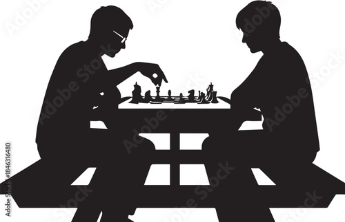 Two friends in silhouette intensely playing a strategic game of chess at a picnic table outdoors