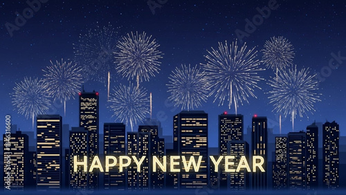 Cityscape Celebration: A radiant fireworks display erupts over a silhouetted cityscape, with the words HAPPY NEW YEAR illuminated below, ushering in a fresh start under a starlit night.