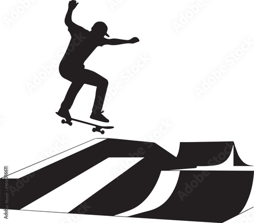 Dynamic silhouette skateboarder performing a jump over a ramp mid-air action shot