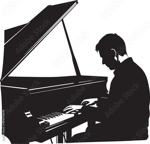 Silhouette of a man playing a grand piano artistically captured in a moment of musical performance