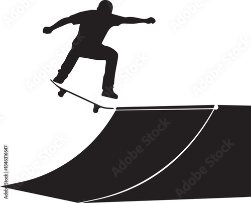 Silhouette of a skateboarder performing a trick on a ramp in mid-air