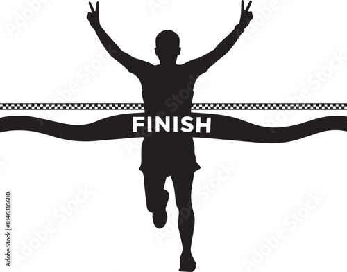 Silhouette of a triumphant runner crossing the finish line with arms raised in victory