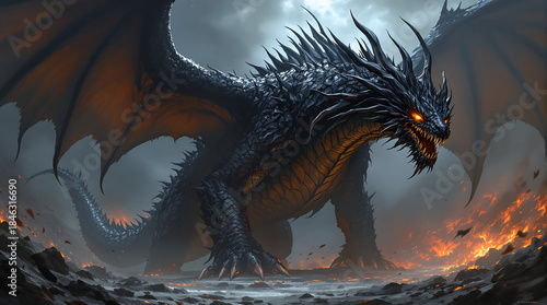 Fierce dragon standing amidst fiery landscape with glowing orange eyes