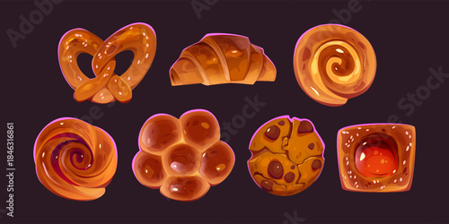 Bread, bakery fresh pastry isolated patisserie set