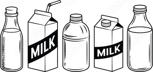 A simple black outline vector set of five different milk containers, including classic glass bottles and cardboard cartons, perfect icons for dairy, grocery, and beverage industry graphics.