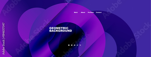 Abstract purple design features flowing shapes, text elements, navigation menu. Modern aesthetic, vibrant colors, geometric patterns present.