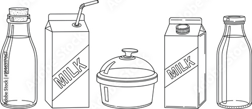 A simple black outline vector set of five different milk and dairy containers, including bottles, cartons, and a covered bowl, perfect icons for packaging, grocery, and beverage graphics.