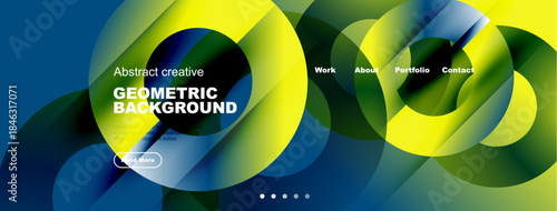 Modern website header design. Vibrant colors, geometric shapes, text overlays, navigation menu present. Clean aesthetic.