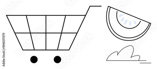 E-commerce, online shopping, food delivery, minimalism, simplicity, grocery. Shopping cart, watermelon slice cloud shapes. E-commerce and online shopping concept