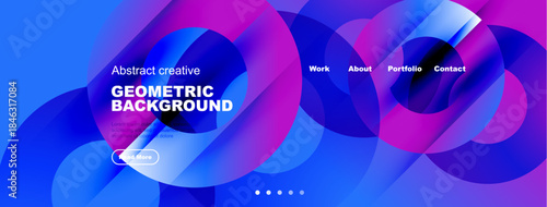 Abstract geometric background. Vibrant blue, pink hues blend. Website header design includes navigation, text elements. Modern, dynamic visual style.