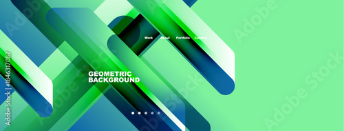 Abstract geometric design. Vibrant green, blue gradients create dynamic layers. Text elements present portfolio information. Modern aesthetic.