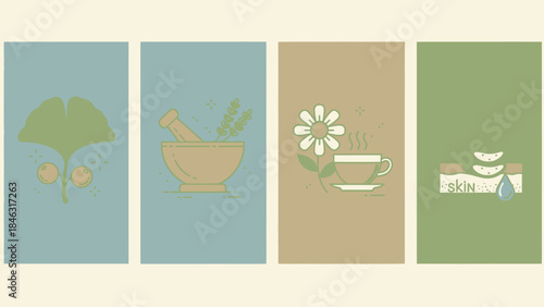 Herbal and Traditional Medicine Flat Vector Set with Four Aligned Panels