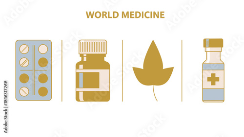 Herbal and Traditional Medicine Flat Vector Set with Four Aligned Panels