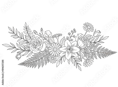Wallpaper Mural Elegant black and white floral bouquet illustration featuring roses, a lily, and daisies isolated on transparent background Torontodigital.ca