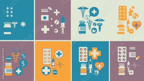 Herbal and Traditional Medicine Flat Vector Set with Four Aligned Panels