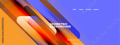 Abstract geometric background. Vibrant colors blend, creating dynamic visual effect. Text displays website navigation options.