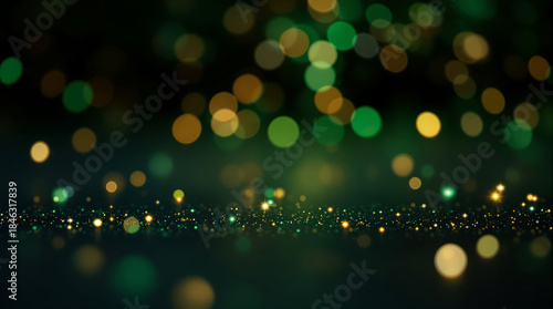 Magical green and gold bokeh lights on dark background