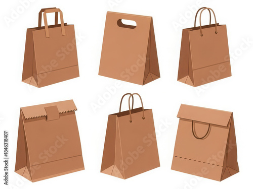 Collection of brown paper shopping bags isolated on white background