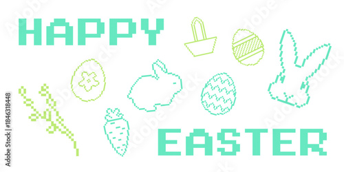 Turquoise and green Easter pixel art with bunny silhouette, decorated eggs, basket, carrot and spring branches. Retro 8-bit holiday design on white background with clean icons. Delicate cute design