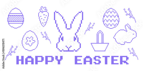 Bright purple Easter pixel art with bunny silhouette, decorated eggs, basket, carrot and spring branches. Retro 8-bit holiday design on white background with clean white icons. Delicate cute design