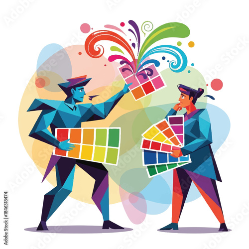 Creative professionals collaborating on a colorful design project