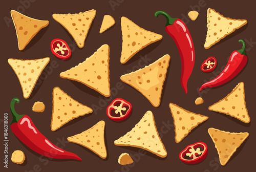 Crispy tortilla chips and vibrant red chili peppers scattered on a brown background, creating a spicy snack pattern.