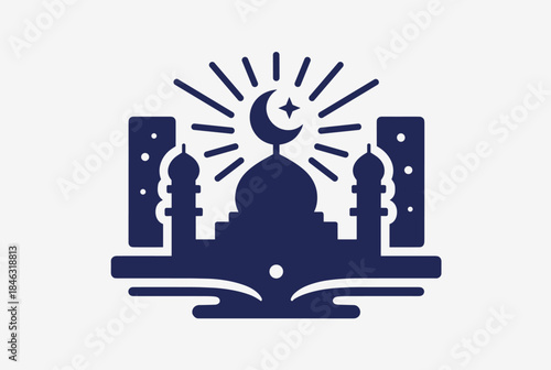 A stylized graphic illustration of a mosque with a crescent moon and star, radiating light, flanked by minarets, and resting on an open book, symbolizing Islamic faith and knowledge.