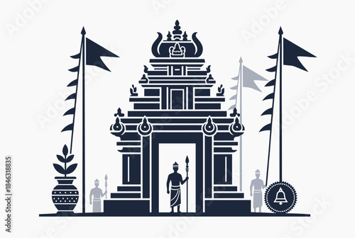 Stylized illustration of a traditional South Indian temple entrance with flags and figures.