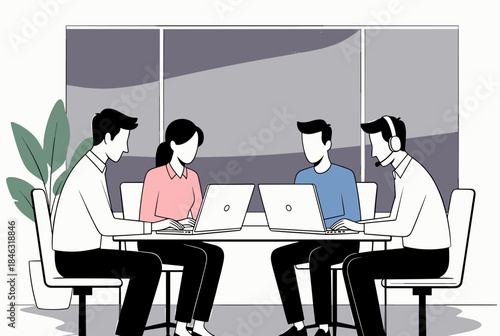 Four diverse professionals collaborating in a modern office setting, each focused on their laptops, depicting teamwork and productivity.