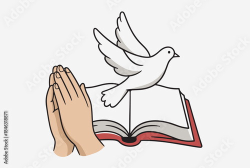 Cartoon illustration of praying hands, an open Bible, and a white dove symbolizing peace and spirituality.