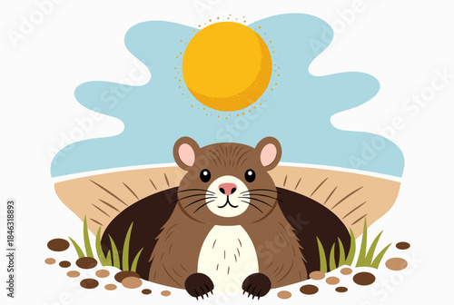 A cute cartoon groundhog peeking out of its burrow under a bright yellow sun in a blue sky.
