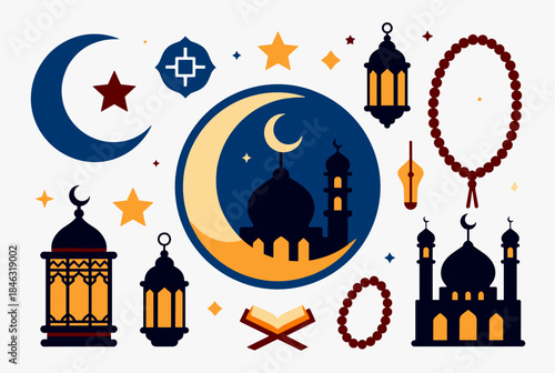 A vibrant collection of Islamic and Ramadan symbols including crescent moons, mosque silhouettes, traditional lanterns, prayer beads, and a Quran, set against a light background.