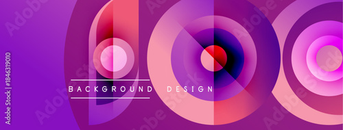 Abstract circles overlap, creating vibrant purple, pink hues. Text reads background design below repeating shapes. Modern, dynamic visual.