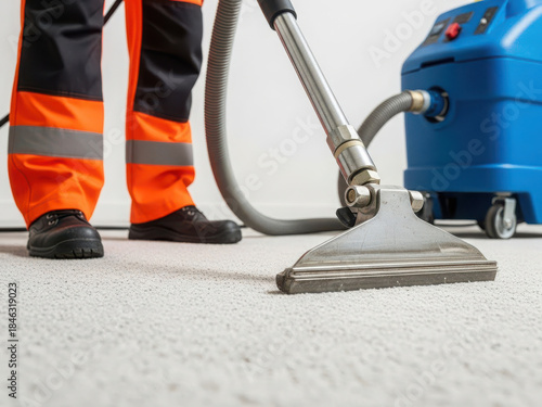 Professional carpet cleaning in progress isolated on white background