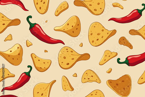 A vibrant pattern featuring golden potato chips and bright red chili peppers scattered across a light beige background, creating a spicy snack theme.
