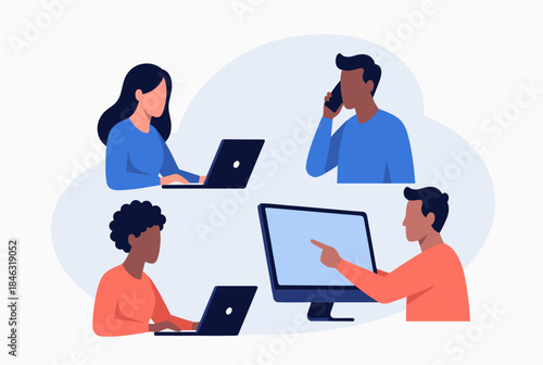 Illustration of four diverse people collaborating and working remotely on laptops, phones, and desktop computers, representing teamwork and communication.