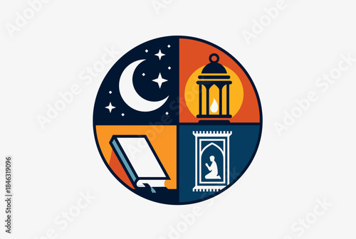 A circular graphic depicting Islamic symbols for Ramadan, including a crescent moon, stars, a lantern, an open Quran, and a person praying on a mat.