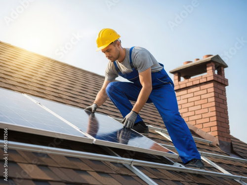 Installing solar panels on a roof isolated on white background