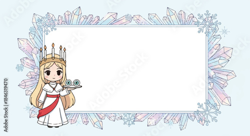 Saint lucy chibi frame with winter crystals and snowflakes border.