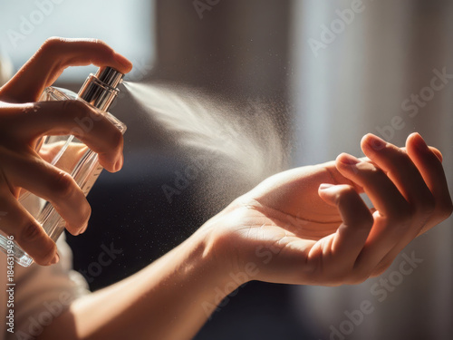 Spraying fragrance on hands isolated on white background