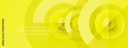 Bright yellow abstract layers create dynamic circular pattern. Minimalist design with text elements for background use.