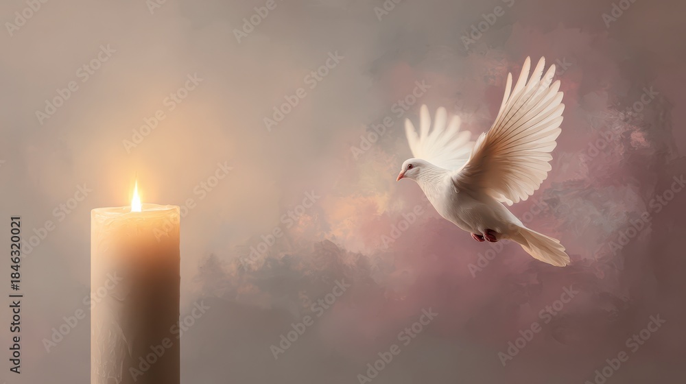 Obraz premium Candle and Dove: A symbol of hope with a graceful dove soaring near a softly lit candle, symbolizing peace, remembrance, and the transcendent beauty of life.